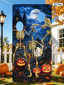1pc Halloween Photo Booth Backdrop Banner With Skeleton And Pumpkin Design Hollow Photo Props, Photo Backdrop Cloth, Halloween Decoration, Halloween Party Decor, Trick Or Treat Decoration, Happy Halloween Decoration, Halloween Outdoor Decor - Multicolor - View 9