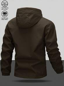 Men's Hooded Drawstring Softshell Windbreaker Jacket, Sports Casual, Large Chest Pocket With Zipper, Dual Side Pockets With Zipper, Storage, Suitable For Daily Wear, Versatile Bestseller Jacket - Brown - View 3
