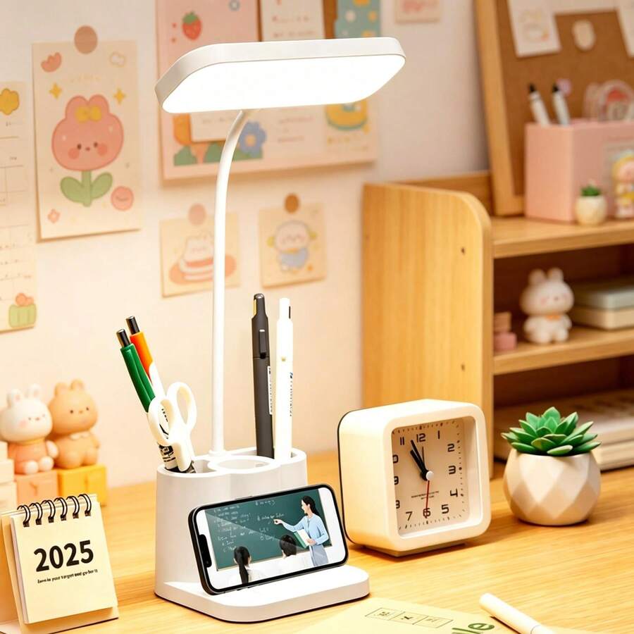 1件 LED 桌燈 附3個筆筒，USB充電式，3段可調光，護眼白光，學生學習宿舍桌用插電/充電小燈，臥室床頭閱讀筆筒燈，新款夾式，2筆筒版本