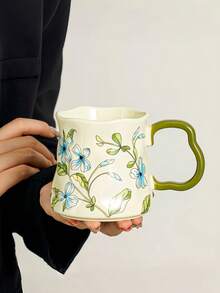 1 peça Chávena de café de cerâmica com flor azul e folha verde, chávena de cerâmica assimétrica de estilo europeu, chávena de café, caneca, chávena de café latte, design fresco, chávena de leite para pequeno-almoço em casa, chávena de sumo, chávena para bebidas frias, chávena de chá com leite, chávena de presente, utensílios para beber - Multicolorido - Ver 8