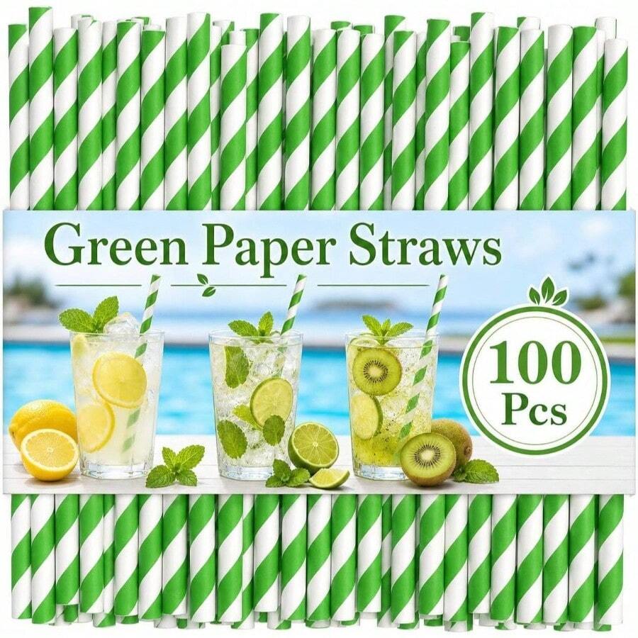Paquete de pajitas de papel a rayas de color verde claro y blanco, biodegradables desechables para batidos, limonadas, caf helado, cumpleaos, Ao Nuevo y decoraciones de - Verde oscuro - Ver 1