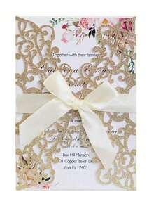 Gold Glitter Hollow Rose Design Wedding Artificial Flowers, Includes Envelope And RSVP Card, Pre-Tied Ribbon, Perfect Gift For Weddings, Bridal Showers, Engagement Parties, Anniversaries - A - View 7