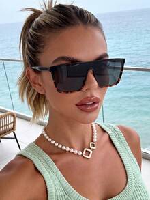 1 par de gafas deportivas cuadradas negras clásicas y versátiles para mujer, adecuadas para viajes, conducir, atuendos de vacaciones, playa, vacaciones, actividades al aire libre, looks de estilo callejero, días festivos, protección solar, senderismo - Negro - Ver 1