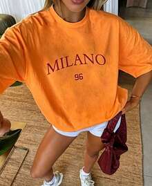 Circle - T-Shirt D'été Décontracté à Manches Courtes With Motif Milan Imprimé - 6717 Haine Vara - 橘色 - 查看 12
