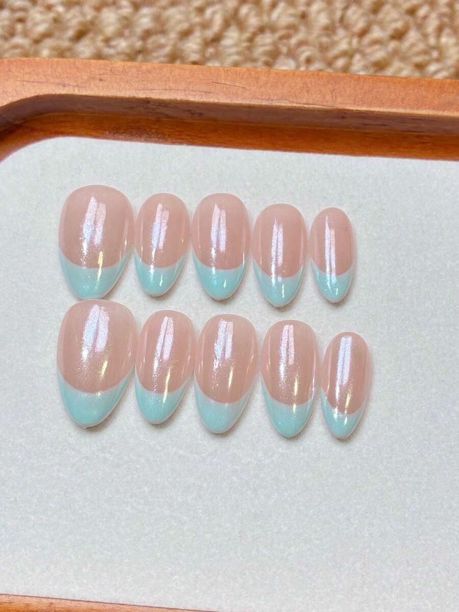 10pcs Handmade Press-On Nails, Short Almond Shape Fake Nails, Nude Pink Base With French Tip, Cat Eye Effect, Reusable Salon Quality, Beginner-Friendly Nail Stickers For Daily Wear And Party