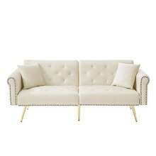 Sofá cama moderno de 2 plazas: tapizado en terciopelo, respaldo reclinable en 3 posiciones y patas de metal dorado. Elegante sofá convertible: ahorra espacio, es duradero e ideal para espacios reducidos. - Beis - Ver 1