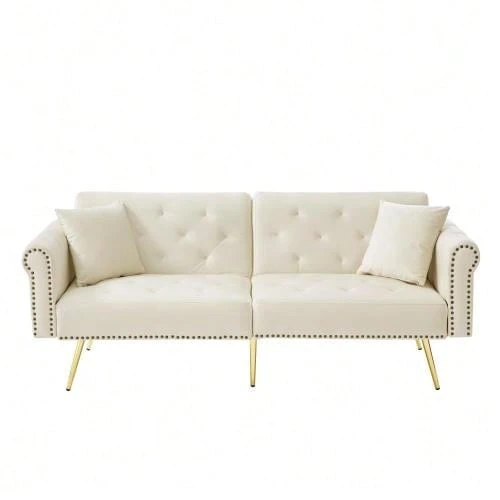 Sofá cama moderno de 2 plazas: tapizado en terciopelo, respaldo reclinable en 3 posiciones y patas de metal dorado. Elegante sofá convertible: ahorra espacio, es duradero e ideal para espacios reducidos. - Beis - Ver 1