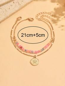 2pcs/Set Summer Casual Versatile Colorful Beaded Layered Gold Anklet Set With Fashionable Enamel Geometric Pendant Decoration, Women's Foot Jewelry Suitable For Daily Wear And Vacation Party, Random Color Arrangement Of Beads - Multicolor - View 4