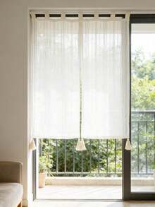 1 pieza Cortina de puerta estilo boho de lino con bordado a rayas, cortina de privacidad para entrada con borla, panel de cortina de encaje transparente estilo granja para cocina, baño, dormitorio, pasillo, con parte superior de suspensión - Beis - Ver 10