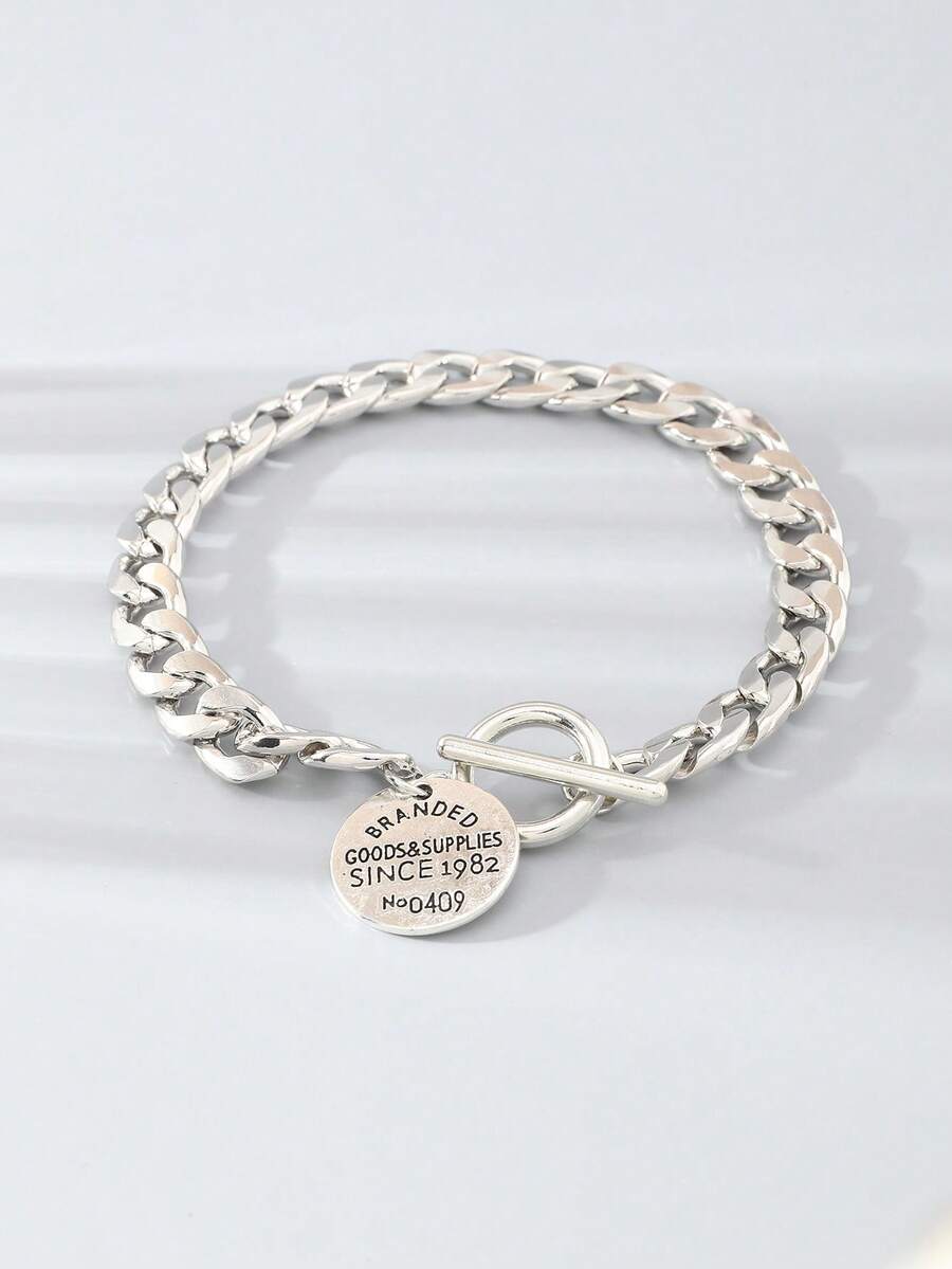 1pc Girls Teen Simple Chain Round Disc Pendant Letter Bracelet Suitable For Daily Decoration - Multicolor - View 1