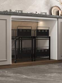 1pc 2-Tier Kitchen Storage Rack, Sink Organizer, Kitchen Utensil Storage Box, Spice Storage Box, Multi-Compartment Drawer-Style Storage Rack, Suitable For Kitchen, Bathroom, Can Store Mugs, Coffee Cups, Etc. - Grey - View 5