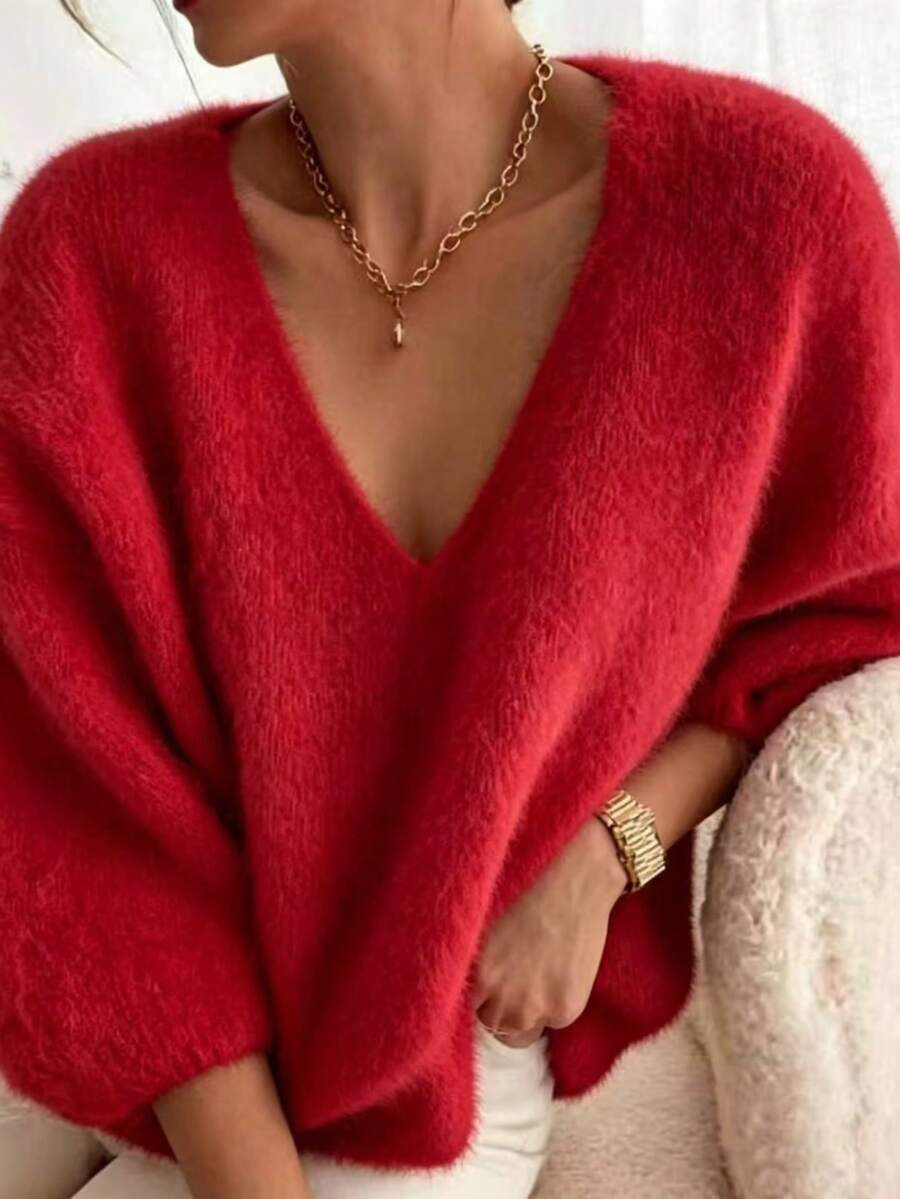 Suéter de mujer de punto de terciopelo fino de unicolor con cuello en V, rojo de otoño/invierno - Rojo - Ver 1
