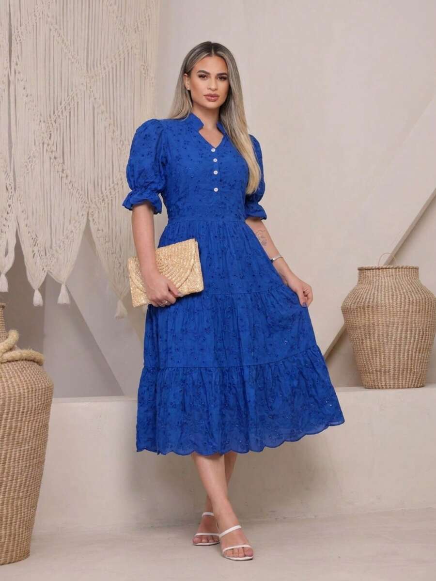 Women's Midi Dress With 3D Embroidery And Plain Design, Functional Button, Elasticated Back And Sleeves, 100% Cotton, For Women. - 純皇家藍 - 查看 1