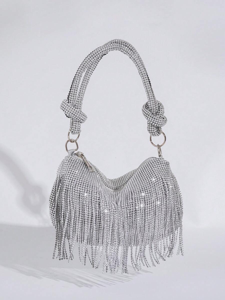 Shiny Tassel Evening Bag With Rhinestone Decor, Elegant Fashion Handbag For Formal Dresses, Party, Gathering And Events - Silver - View 1
