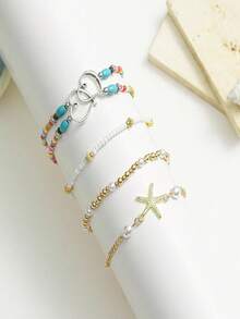 /piezas de pulseras de tobillo bohemias con cuentas de concha, elásticas ajustables con dijes de estrella de mar, joyeríde playa en capas para mujer, para usar en vacaciones de verano. - A5 - Ver 5