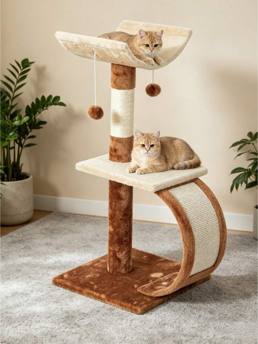 Double-Layer Cat Tree With Scratching Posts, Equipped With Interactive Cat Toys, Easy To Assemble, Scratch-Resistant And Durable, Movable, Suitable For Kittens And Adult Cats - Multicolor - View 1