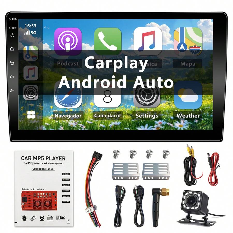 Estéreo Pantalla 2din Táctil 9pulgadas IPS estéreo Inalámbrico CarPlay Android Auto stereo carro Bluetooth Mirrorlink Con Cámara EQ FM Usb car audio - A - Ver 1