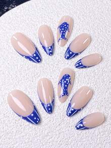 10pcs Summer Handmade Press-On Nails, Short Almond Shaped Fake Nails, Klein Blue Dolphin Polka Dot Nail Art, Nude Pink Base With Klein Blue French Tips, White Polka Dot Lines, Hand-Painted Spotted Dolphins, Transparent Jelly Texture, Refreshing Beach Style Versatile, Comes With Nail Tools, Removable And Reusable, Suitable For Summer Beach Trips, Dates, Commuting, Exclusive Almond Nail Tips For Women - Blue - View 4