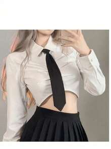 Set Seragam Sekolah Wanita Warna Polos Baru dengan Dasi Hitam Polos - Hitam - View 1