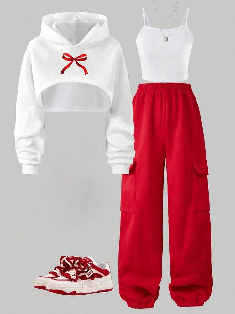 Tween Girl Bow Graphic Print Hooded Long Sleeve Top & Camisole With Long Pants Set - Red - View 2