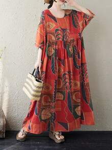 Summer 2026 Striped Dress, Women's Bohemian Casual Beach Vacation Dress. This Loose-Fitting A-Line Dress Features A Round Neck And Batwing Sleeves. - 紅色3 - 查看 1