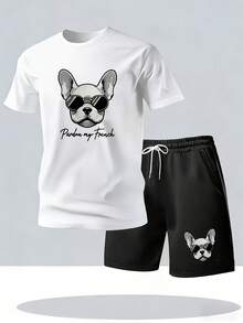 Conjunto de Verano Casual y Cómodo para Hombres, 2 Piezas, Bulldog Francés con Gafas de Moda "Pardon My French", Conjunto de Cuello Redondo y Manga Corta con Shorts, Ropa de Descanso - Blanco - Ver 3