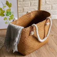 1 pieza Cesta de hierba marina tejida a mano de gran tamaño, estilo pastoral, cesta de almacenamiento de ratán, cesta para ropa sucia, cesta para almacenamiento de juguetes, bolso/bolsa de mano tejida a mano - Multicolor - Ver 3