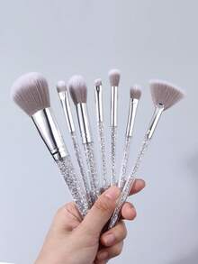 Silver Rhinestone 7pcs Makeup Brush Set, Portable Makeup Brush Kit, Student Style, Travel-Friendly Touch-Up Beauty Tool - Silver - View 5