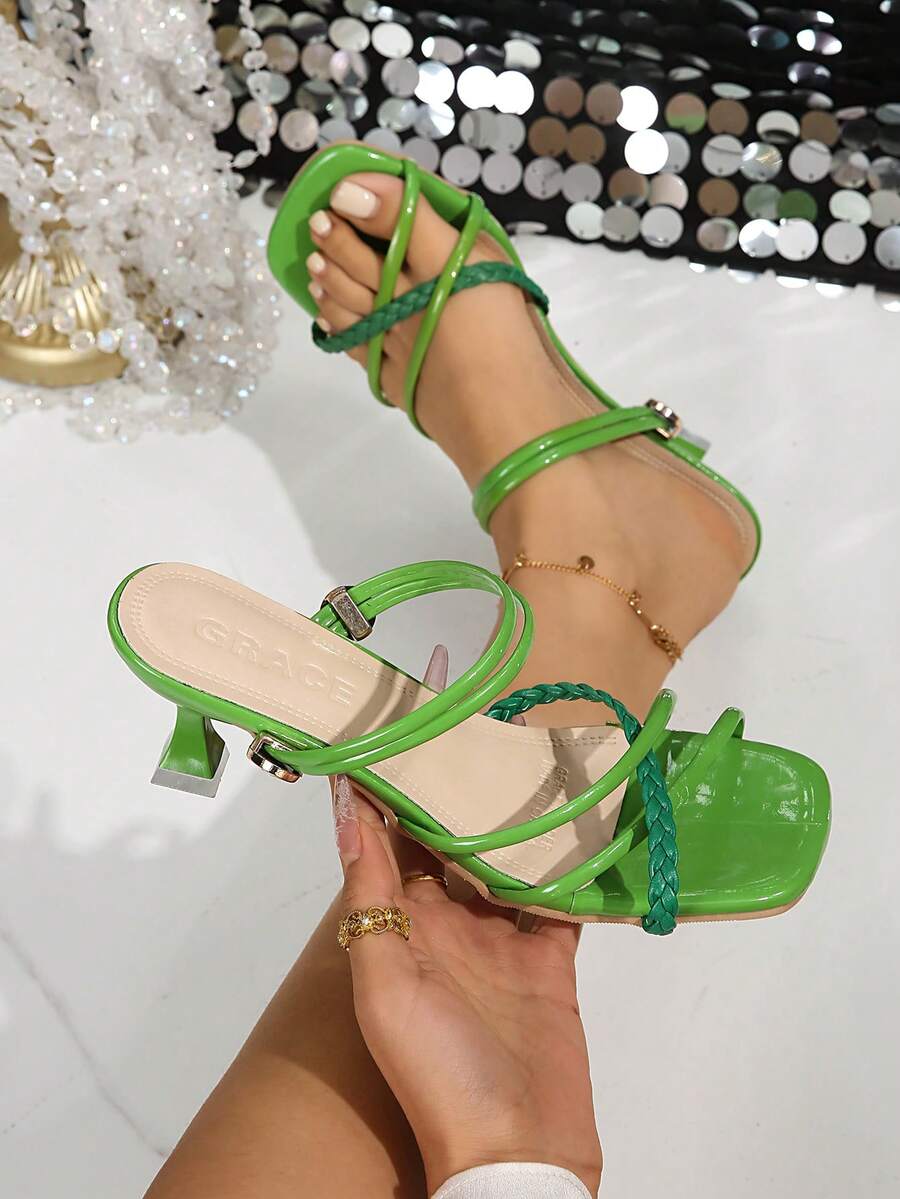 New Shiny Patent Leather Handmade Braided Thin Strap Criss-Cross Square Toe Open Toe Stiletto Heel Sandals For Women, Double Ankle Wrap Adjustable Metal Buckle Backless Kitten Heel High Heels, Summer Fresh Skin-Flattering Elegant Fairy Shoes, Beach Vacation Beach Outfit Versatile Match Dress Evening Gown Slimming Foot-Flattering Soft Sole Comfortable Non-Tiring Walking Party Gathering Atmosphere Shoes, European And American Influencer Style Light Luxury Niche Design Outdoor Wear Thin Strap High Heel Women's Sandals, Multiple Sizes Available - Green - View 1