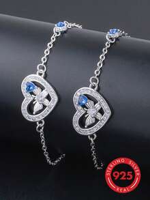 1 chiếc vòng tay nữ bằng bạc 925 thanh lịch và tinh tế hình bướm và trái tim đính đá Cubic Zirconia, thích hợp đeo hàng ngày, dự tiệc, ngày lễ, hẹn hò hoặc làm quà tặng. - Bạc - Xem 5