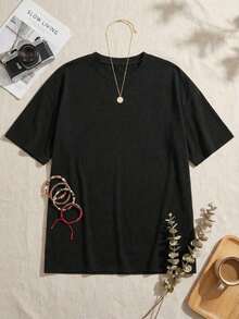 Women's Crew Neck T-Shirt With Graphic Print Of Letters And Vintage Pink Flower Bouquet, Romantic Floral Style, For Valentine's Day Or Casual Everyday Wear - 黑色 - 查看 3