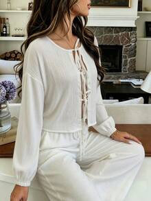Nina Bonheur 2pcs Women's Comfortable Front Tie Print Long Sleeve Pajama Set With Elastic Waist Shorts - White - View 4