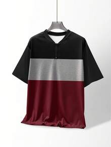 Men Plus Size Top, Summer Short Sleeve Zipper T-Shirt, Color Block Design Casual - Multicolor - View 2