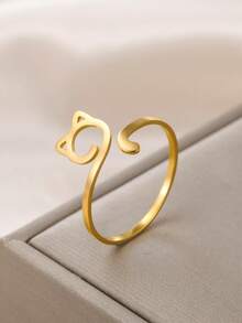 LIKGREAT 1pc Minimalist Cute Cat Ring, Adjustable Stainless Steel Animal Finger Ring For Women And Girls, Jewelry Gift - Simple Series - View 5