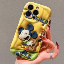 Hawaii Style Mickey Mouse Phone Case, Plush Mickey In Tropical Print Tee And Slide Sandals Strumming Ukulele, Raised Blue Disney Logo On Butter-Yellow Cushioned Base. Precise Hole Alignment, Anti-Slip Texture,  Summer-Style Daily Case. - 白色 - 查看 4
