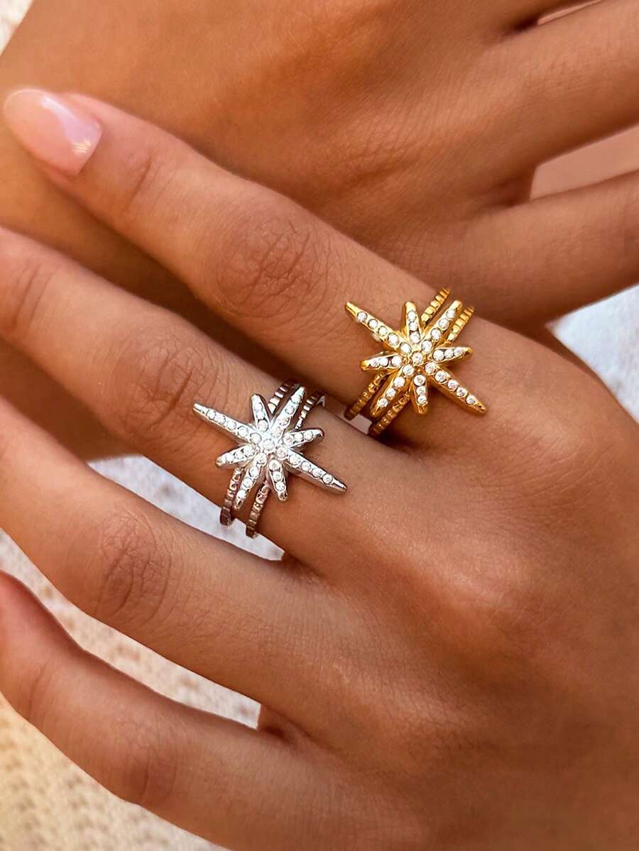 2pcs/1pc Women's Gold Rings Starred Stainless Steel Jewelry, Women's Cube Zirconia Accessories, Suitable For Everyday Vacation And Dates - Multicolor - View 1