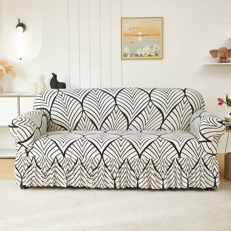 1pc Geometric Leaf Pattern Printed Sofa Cover, Dust-Proof And Dirt-Resistant, Elastic One-Piece Full Coverage Skirt Sofa Protector, Living Room Home Decor, 1/2/3/4 Seater Sofa Decoration, All Season Universal, Machine Washable And Hand Washable - Black and White - View 1