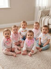 momscare 6pcs Baby Bibs, Soft Absorbent Baby Bibs, Suitable For Daily Use - Cute Design Exquisite Embroidered Baby Triangle Bibs Cute Rabbit Print Bibs - Multicolor - View 2