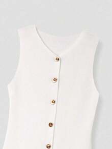 Vestido corto de punto ligero de estilo minimalista y casual para la primavera/verano, con cuello en V, botones metálicos y sin mangas, para uso diar - Blanco - Ver 11