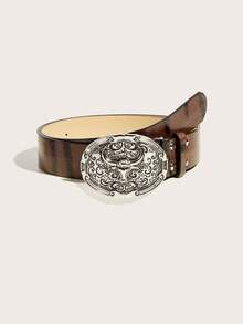 1pc Men's New Western Cowboy Style Bull Head Carved Large Buckle Waist Belt With Rivets, Personalized Design, Millennium Style - A - View 1