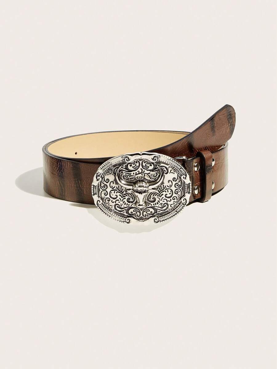 1pc Men's New Western Cowboy Style Bull Head Carved Large Buckle Waist Belt With Rivets, Personalized Design, Millennium Style - A - View 1