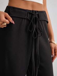 Women's Solid Color Drawstring Waist Wide Leg Loose Casual Pants - Black - View 5