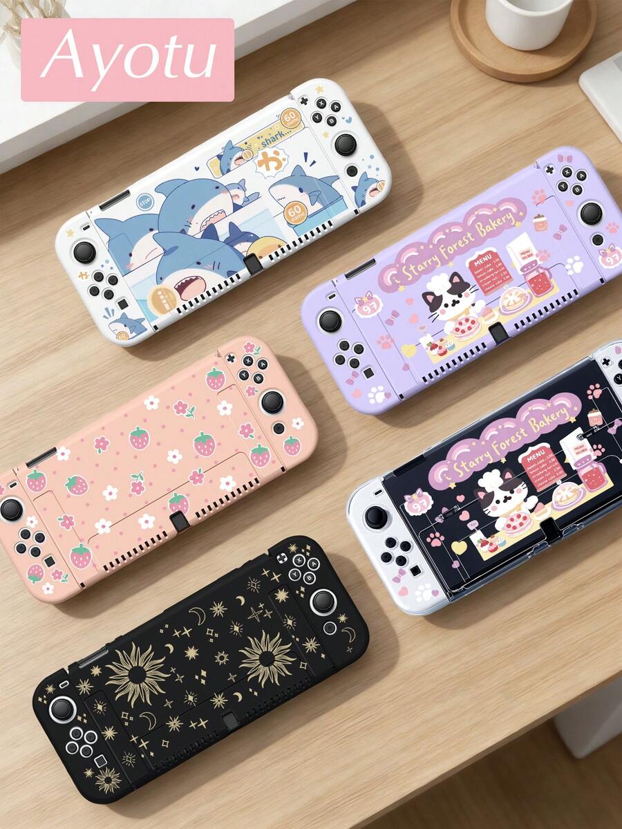 Ayotu 鯊魚 & 草莓 & 貓 & 心形主題保護殼適用於 Switch/Switch2(2025)/NS/OLED。無需拆卸即可對接。通用遊戲手柄保護套，包含 2 個手柄帽。防摔、防刮。春季浪漫 & 情人節。
