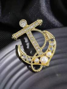 Broche de ancla de doble tono dorado y plateado para hombres, pin de solapa de estilo náutico con diamantes de imitación y perlas, accesorio de boda formal, regalo - Ancla - Ver 6