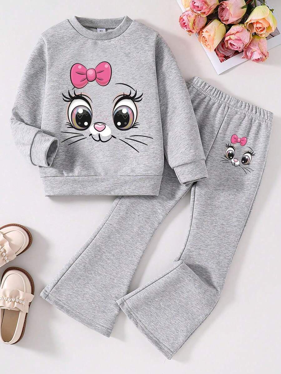 Tween Girl Cartoon Print Crew Neck Sweatshirt And Flare Pants Casual Set - Grey - View 1