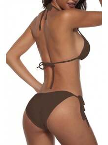 Women Two Piece Swimsuit Sexy Swimwear Halter String Triangle Bikini Sets - Coffee - View 3