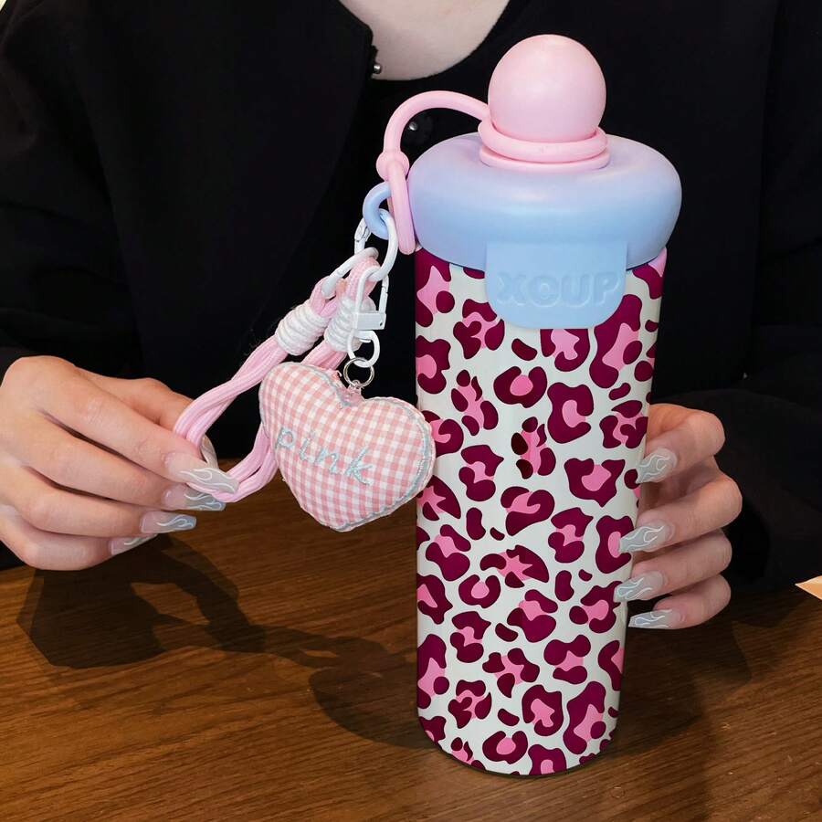 1個 600ML 不鏽鋼保溫隨行杯,條紋/豹紋圖案,粉色愛心格紋吊飾,附矽膠掛繩與吸管,適用於咖啡、茶、牛奶、果汁、冷熱飲,適合戶外露營、辦公室、學校、居家使用,夏季禮物 - 彩色 - 查看 1