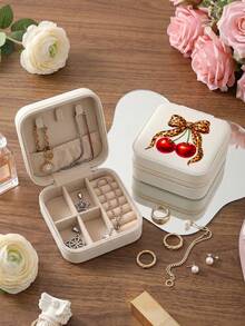 Cherry Bow Pattern PU Leather Portable Travel Jewelry Storage Box For Women, Stores Necklaces And Rings,Gift Ideas,Suitable For Home Storage,Commuting - Cherry & Bow - View 12