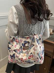 Butterfly Floral Print Women's Fabric Tote Bag, Chain Decor Large Capacity Shoulder Handbag, Fashion Versatile Commuter Casual Bag - Multicolor - View 3