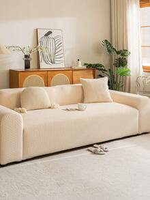 1pc Solid Color Fleece Full Coverage Elastic Sofa Cover, Geometric Pattern Design, Foam Rod Fixed Non-Slip Pet-Friendly, All Season Use Vacation Leisure Holiday Decor, Combination Sofa Chaise Lounge Straight Sofa Sofa Cover - Beige - View 6